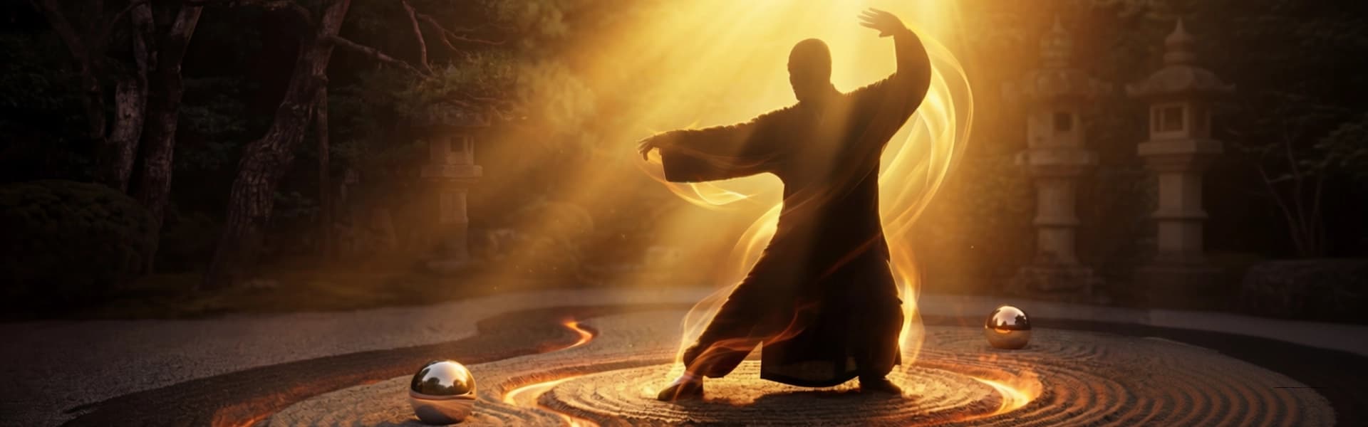 Physi Flow - Martial artist channeling golden energy in zen garden at sunrise